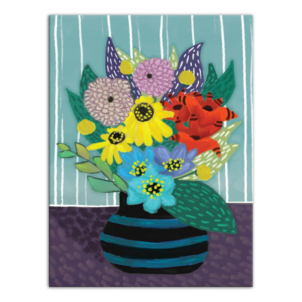 Flowers In Striped Vase Acrylic Painting Print On Canvas Joss