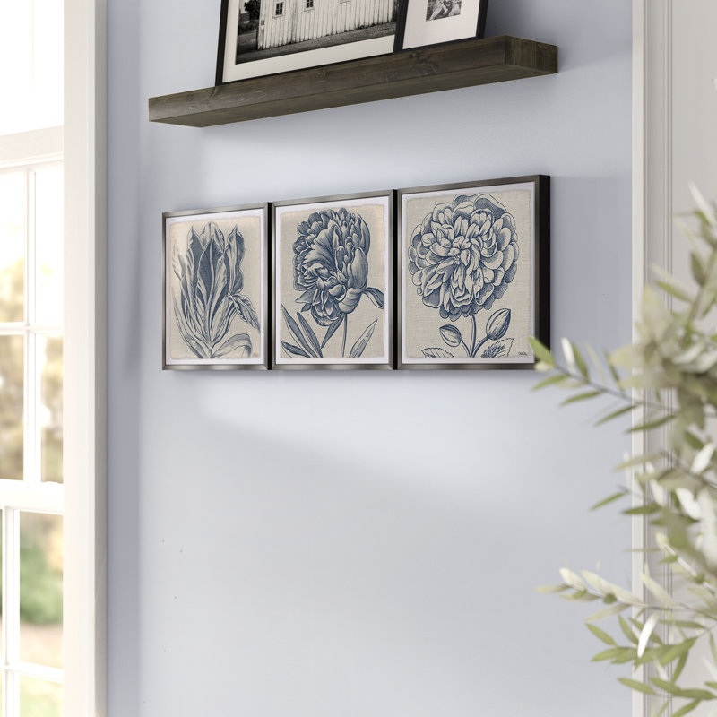 Three Posts Flower Sketches 3 Piece Framed Drawing Print Set On