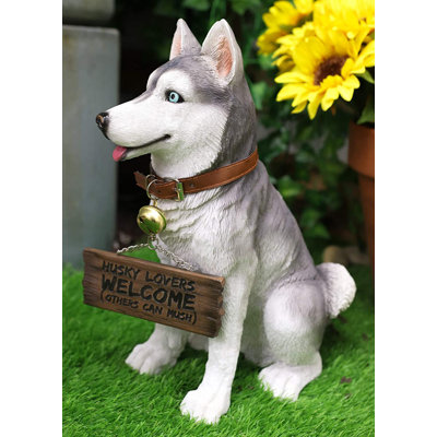 Red Barrel Studio® Lifelike Pet Pal Siberian Husky Sled Dog Statue 13" Tall With Jingle Collar And Greeting Sign As Patio Welcome Entry Door Home Decor Spitz Huskies Dogs Family Sculpture