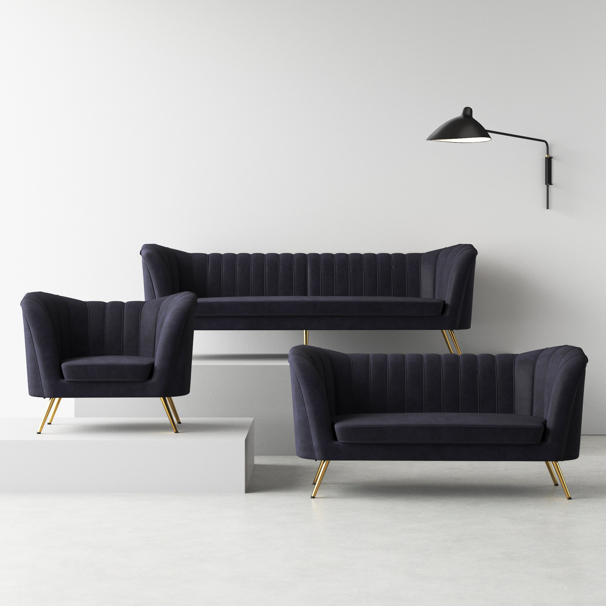 Tiberius 3 Piece Velvet Living Room Set