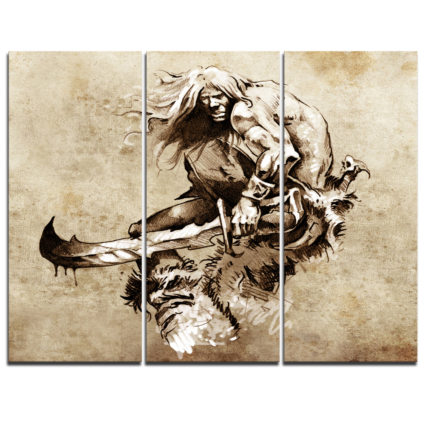 Designart Warrior Fighting Tattoo Art 3 Piece Graphic Art On Wrapped Canvas Set Wayfair