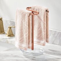 2-Sided Clear/Bronze mDesign Decorative Metal Fingertip Towel Holder Stand with Base Tray for Bathroom Vanity Countertops to Display and Store Small Guest Towels or Washcloths