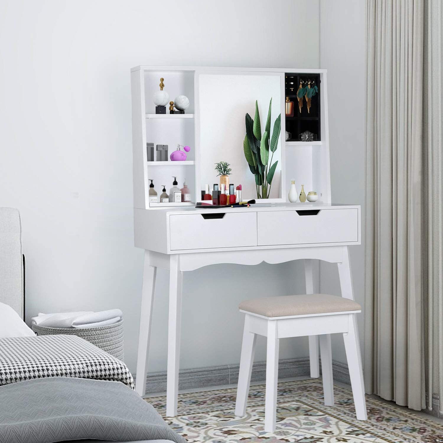 House Of Hampton White Vanity Table Set With Movable Mirror