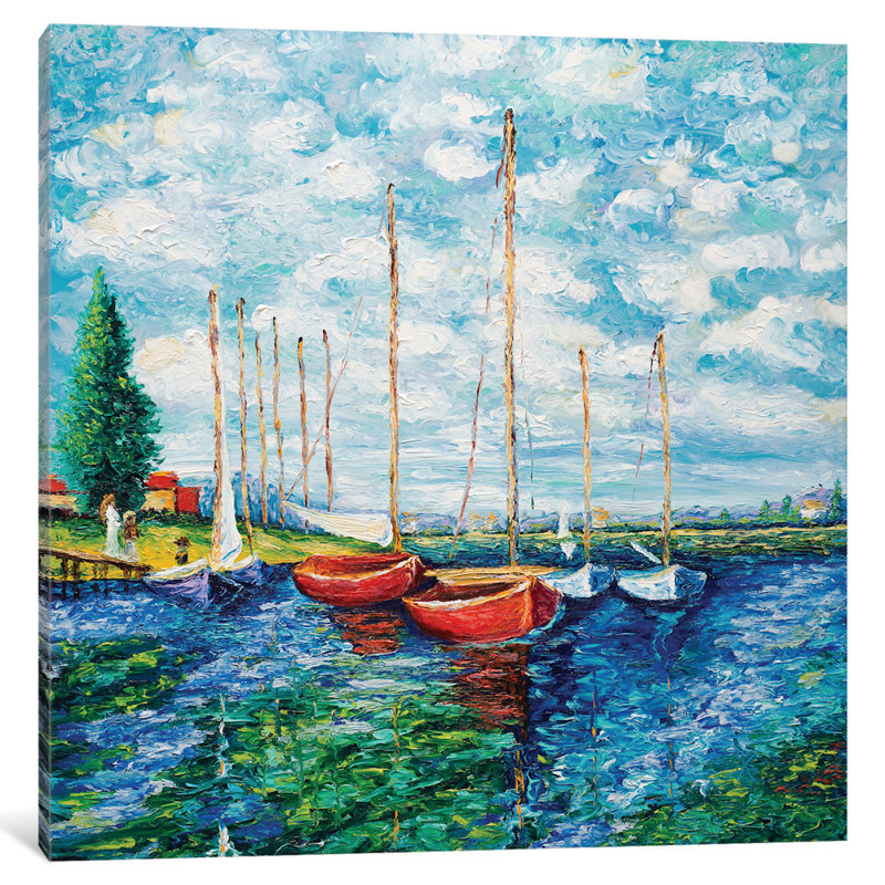Alcott Hill Red Boats Tribute To Monet Painting Print On Wrapped