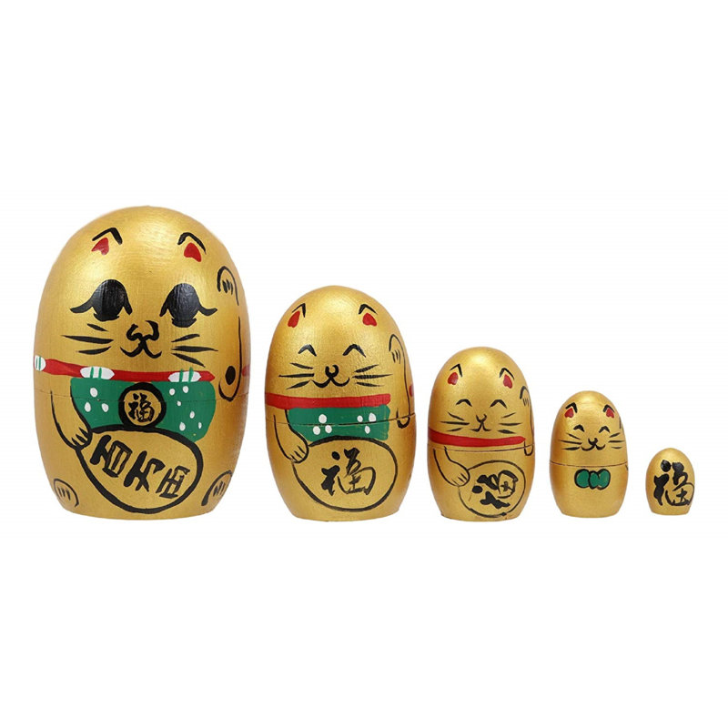 World Menagerie 5 Piece Telang Maneki Neko Cat Wooden Toy Stacking