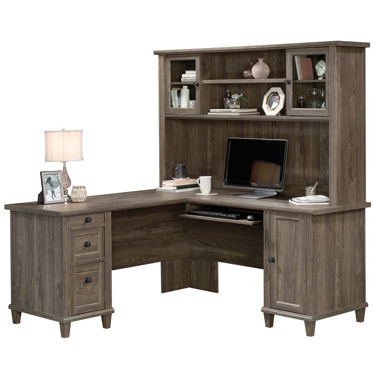 l shaped desk with hutch on right side