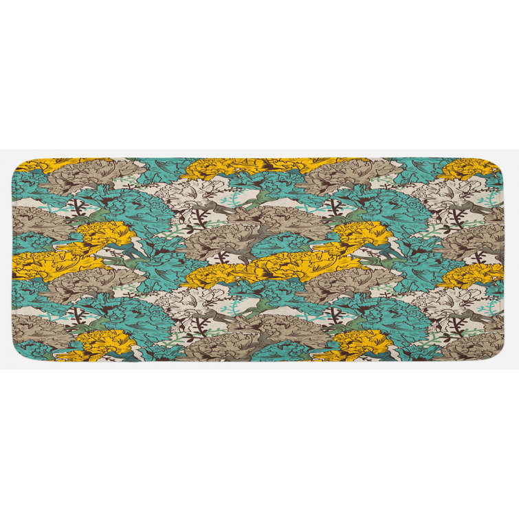Vintage Hand Drawn Flowers With Flourishing Carnations Environment Earth  Yellow Tan Turquoise Kitchen Mat