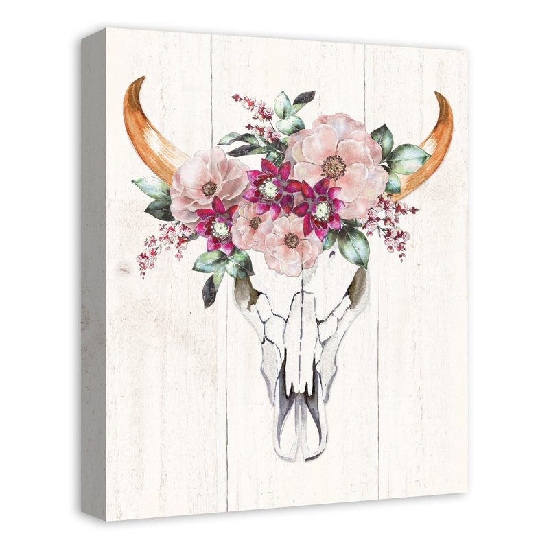 Bungalow Rose Cow Skull With Flowers Watercolor Painting Print On Canvas Reviews Wayfair