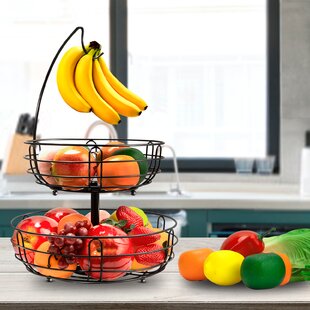 Chrome Wire Fruit Bowl With Banana Tree Hanger Hook Holder Storage Rack Basket