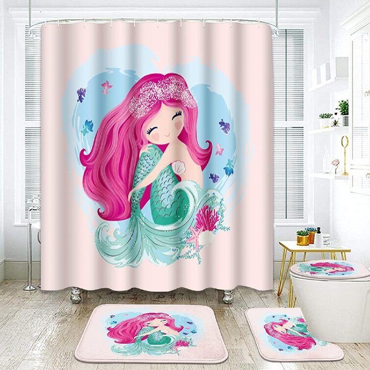 Watercolor Mermaid Fabric Shower Curtain Set Bathroom Mat & 72*72" With Hooks 