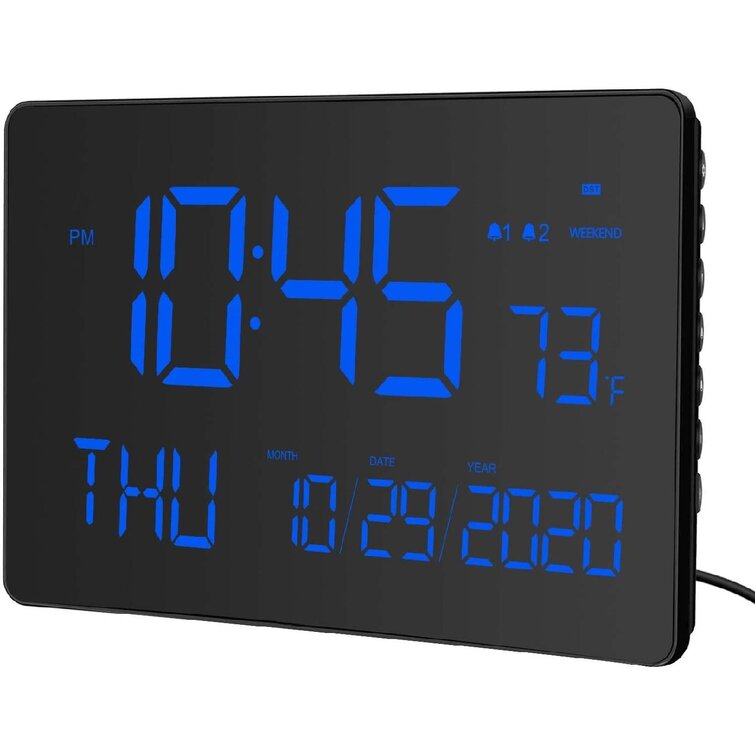 Latitude Run Large Digital Led Wall Clock 10 Dual Alarm 12 24h Calendar Month Date Year Day Indoor Temperature Adjustable Brightness Shelf Stand Wall Mounted Dst Home Office Seniors Impaired Vision Wayfair