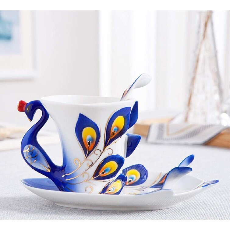 Coffee Cup Saucer and Spoon  Hand Crafted Porcelain Enamel Tea Cup Kitchen 