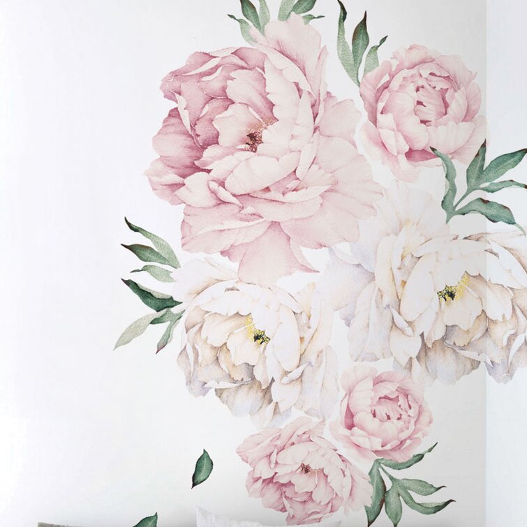 Pink White Peony Flowers Wall Stickers Wall Floral Decal Mural Home Decorat HB