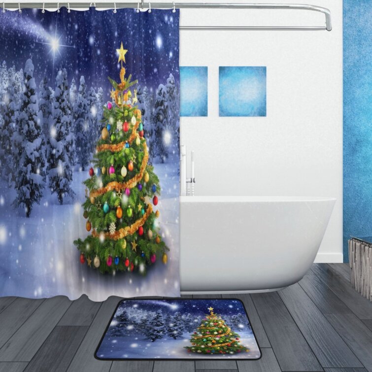 72" Merry Christmas Pine Snowflake Bathroom Waterproof Fabric Shower Curtain Set 
