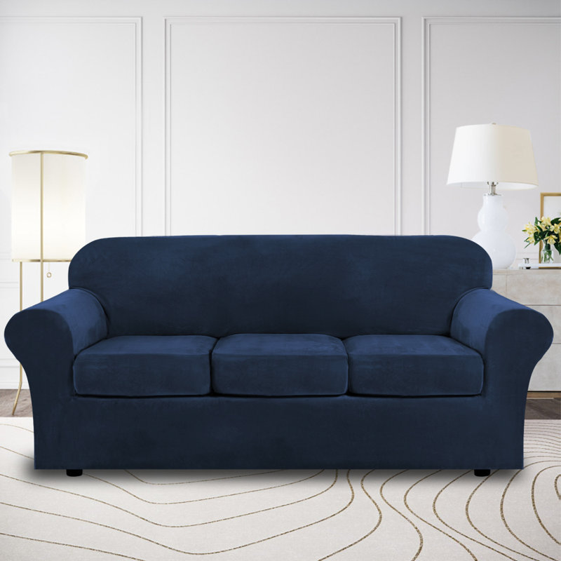 Modern Soft Velvet Plush 4 Piece High Stretch Sofa Slipcover Furniture Protector Luxury Thick Velvet Sofa Cover for 3 Cushion Couch Upholstery Color: Navy