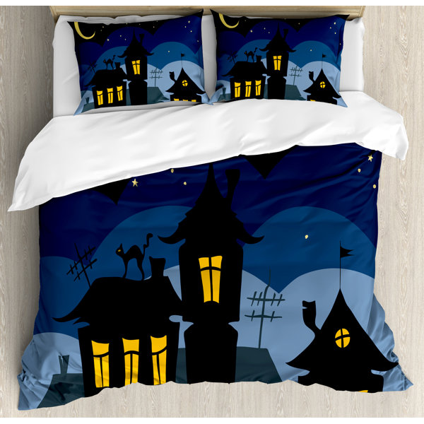 Halloween Old Town With Cat On The Roof Night Sky Moon And Stars Houses Cartoon Art Duvet Cover Set
