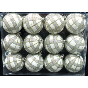 White Ball Ornament with Gold and Silver Plaid Design (Set of 2)