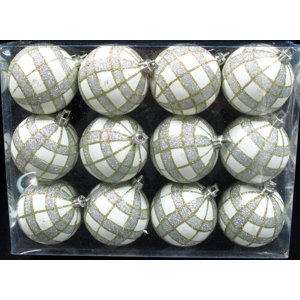 White Ball Ornament with Gold and Silver Plaid Design (Set of 2)