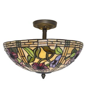 Paule Tiffany Style Stained Glass Peonies 2-Light Semi Flush Mount