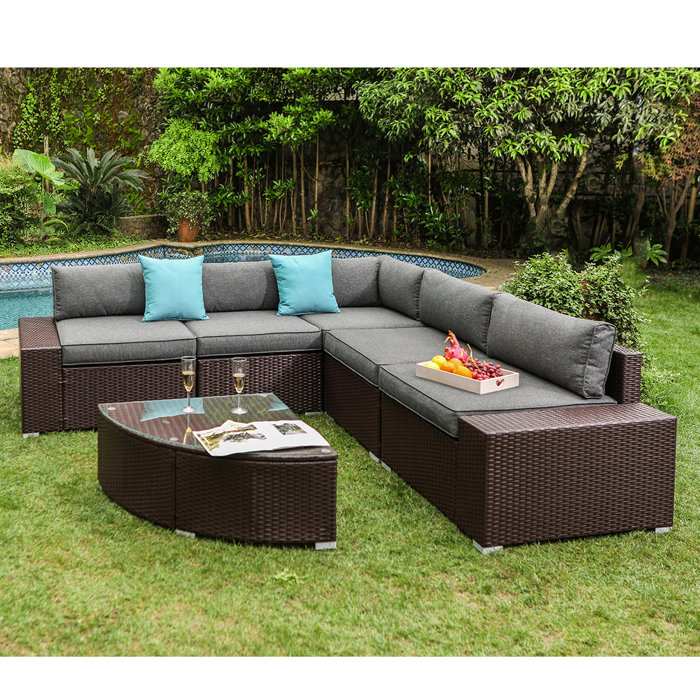 Nivedita 6 Piece Outdoor Furniture Chocolate Brown Wicker Sofa W Dark Grey Cushions 1 4 Circle Coffee Table 2 Turquoise Pillow Incl Waterproof Nivedita 6 Piece Outdoor Furniture Chocolate Brown Wicker Sofa W Dark Grey Cushions 1 4 Circle Coffee Table 2 Turquoise Pillow Incl Waterproof
