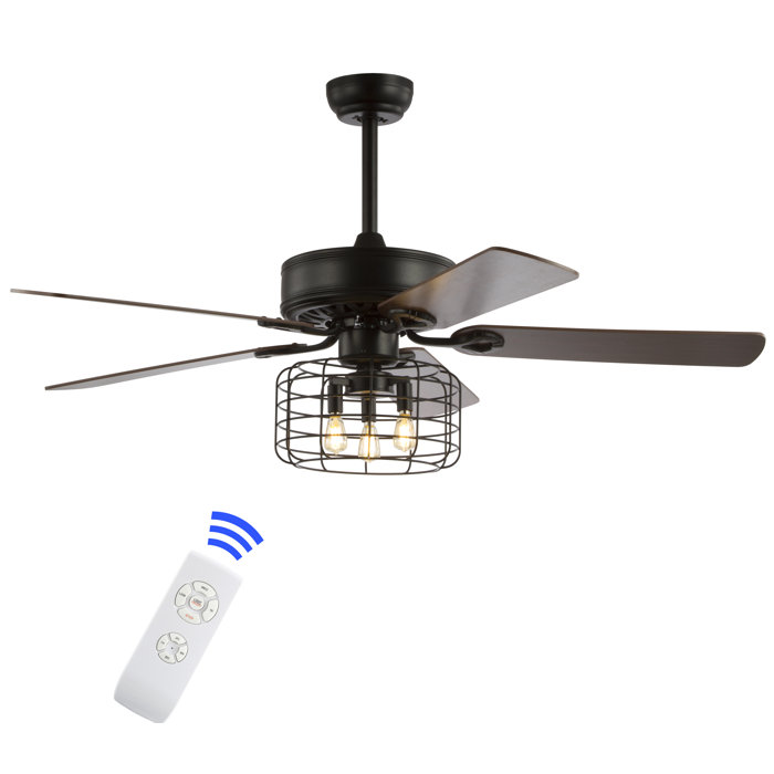 52 Vaughn 3 Light Industrial Metal Wood Ceiling Fan With Remote Forged Black