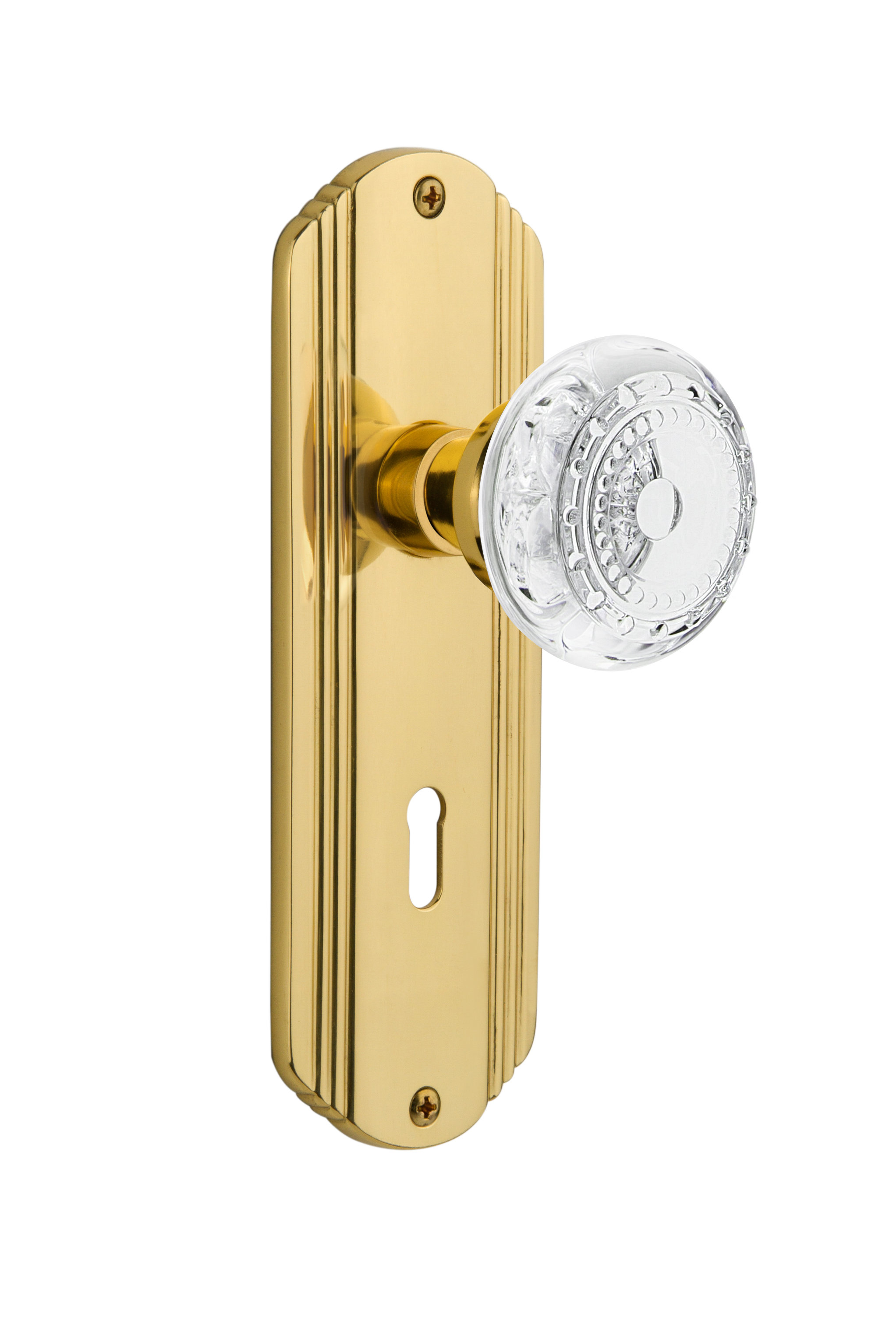 Nostalgic Warehouse Deco Plate with Keyhole Meadows Knob Unlacquered Brass Privacy 2.375 Nostalgic Warehouse Deco Plate with Keyhole Meadows Knob Unlacquered Brass Privacy 2.375