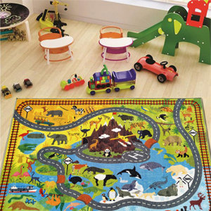 Weranna Animal Safari Road Map Educational Learning Yellow/Blue Indoor/Outdoor Area Rug