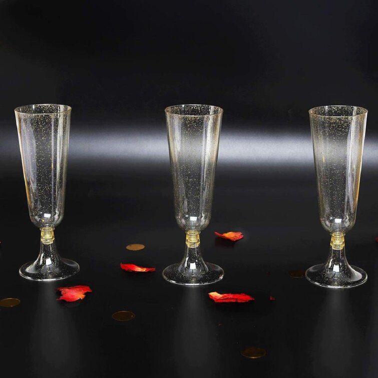 50 Champagne Flutes Gold Glitter Plastic 5 Oz Clear Plastic Toasting Glasses 
