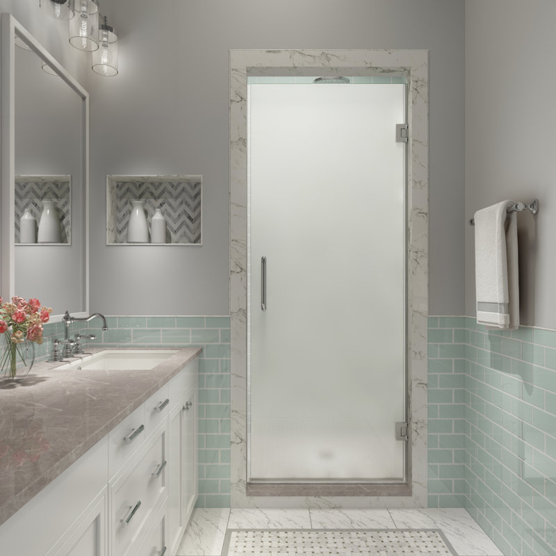 kinkade xl 23.75" - 24.25" w x 80" h hinged frameless shower door with ultra-bright frosted glass finish: polished chrome