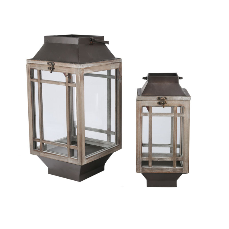Union Rustic 2 Piece Wood Glass And Metal Lantern Set Wayfair