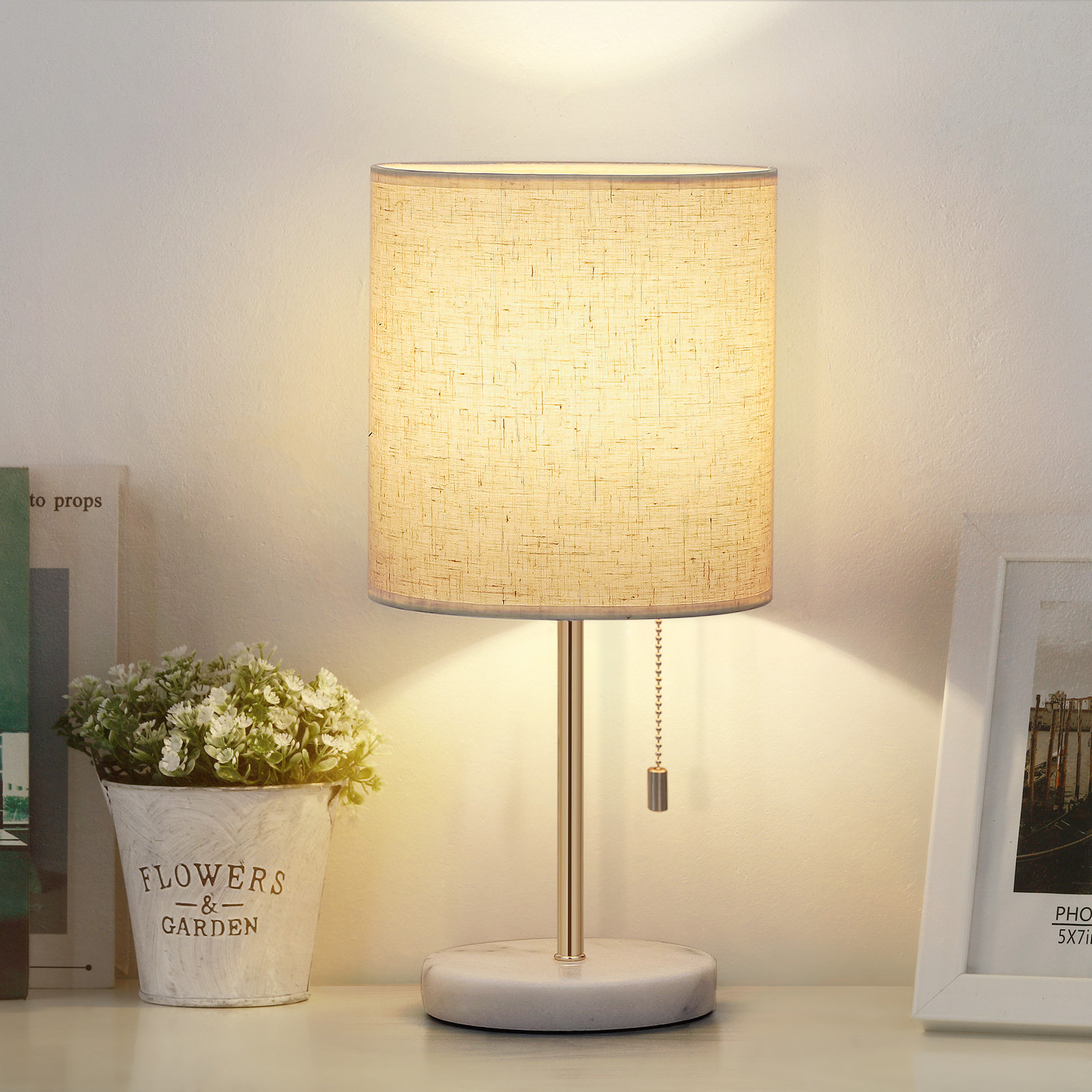 Latitude Run® Bedside Table Lamp with Marble Base and Fabric Linen ...