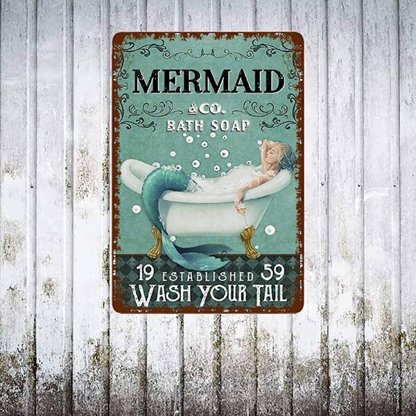 Mermaid Bath Soap Wash Your Tail Vintage Metal Tin Signs Retro Style Sign Wall Art Plaque Decoration Mural Funny Gifts for Coffee Bar Kitchen Laundry Pub Home Decor Metal Tin Sign 8x12 inchs A552 