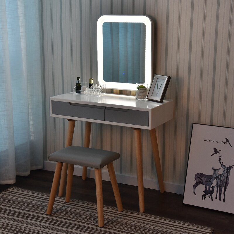 Wrought Studio Blando Solid Wood Vanity Set With Stool And Mirror