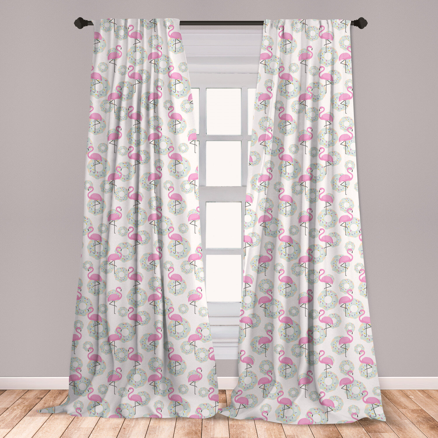 Ambesonne Flamingo 2 Panel Curtain Set Pink Flamingos And Donuts Tropical Hawaiian Animals Delicious Desserts Lightweight Window Treatment Living