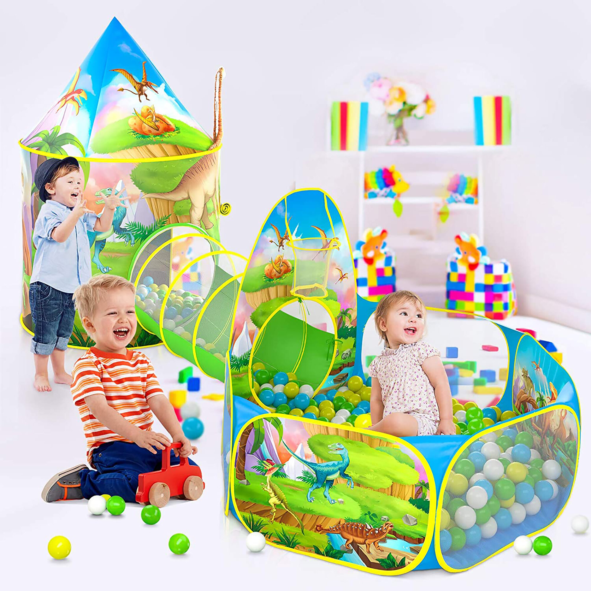Perfect Dinosaurs Theme Ball Pit Basketball Hoop Play Tent for Kids and Toddlers 