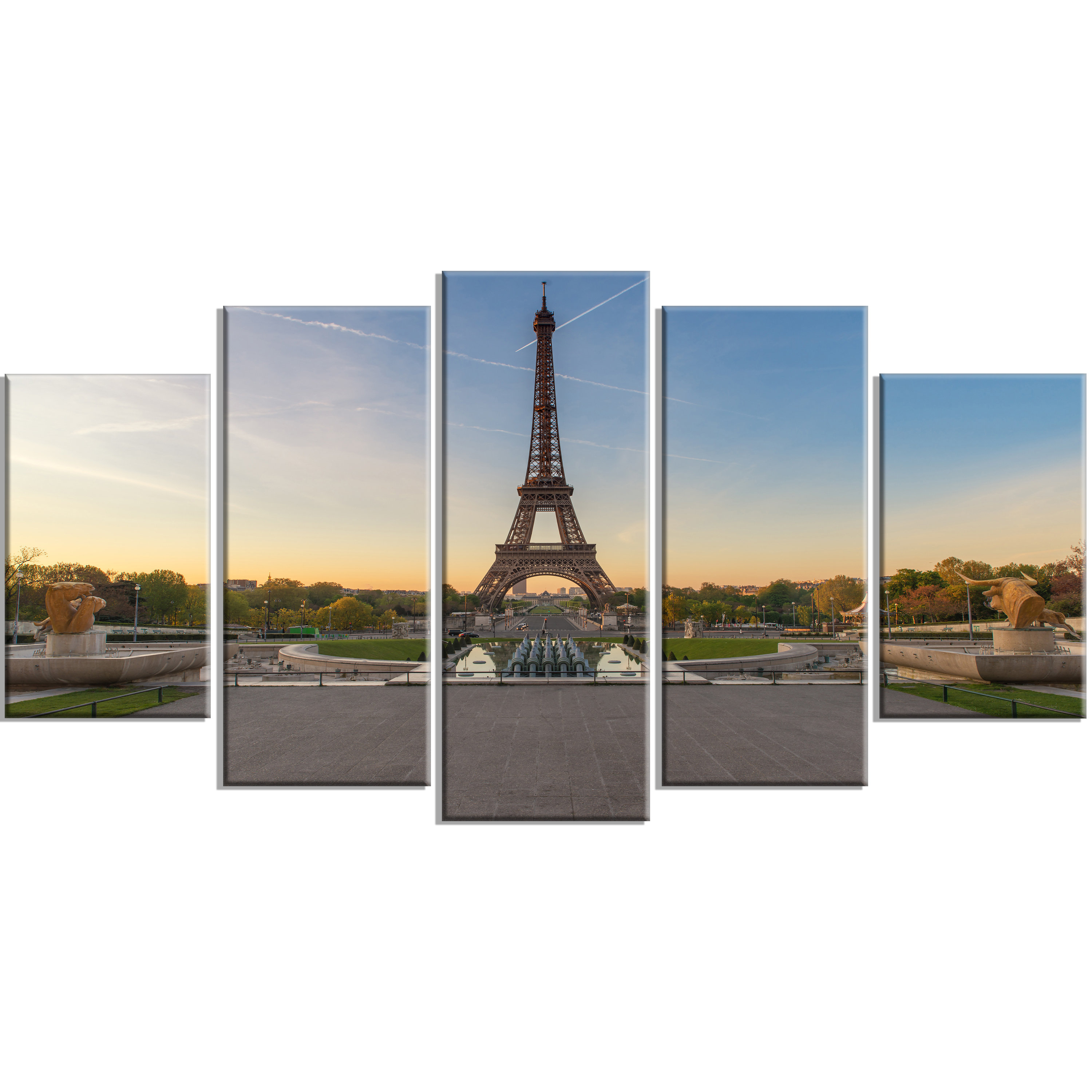 Designart Wide View Of Paris Eiffel Tower At Sunrise 5 Piece Wall Art On Wrapped Canvas Set Wayfair