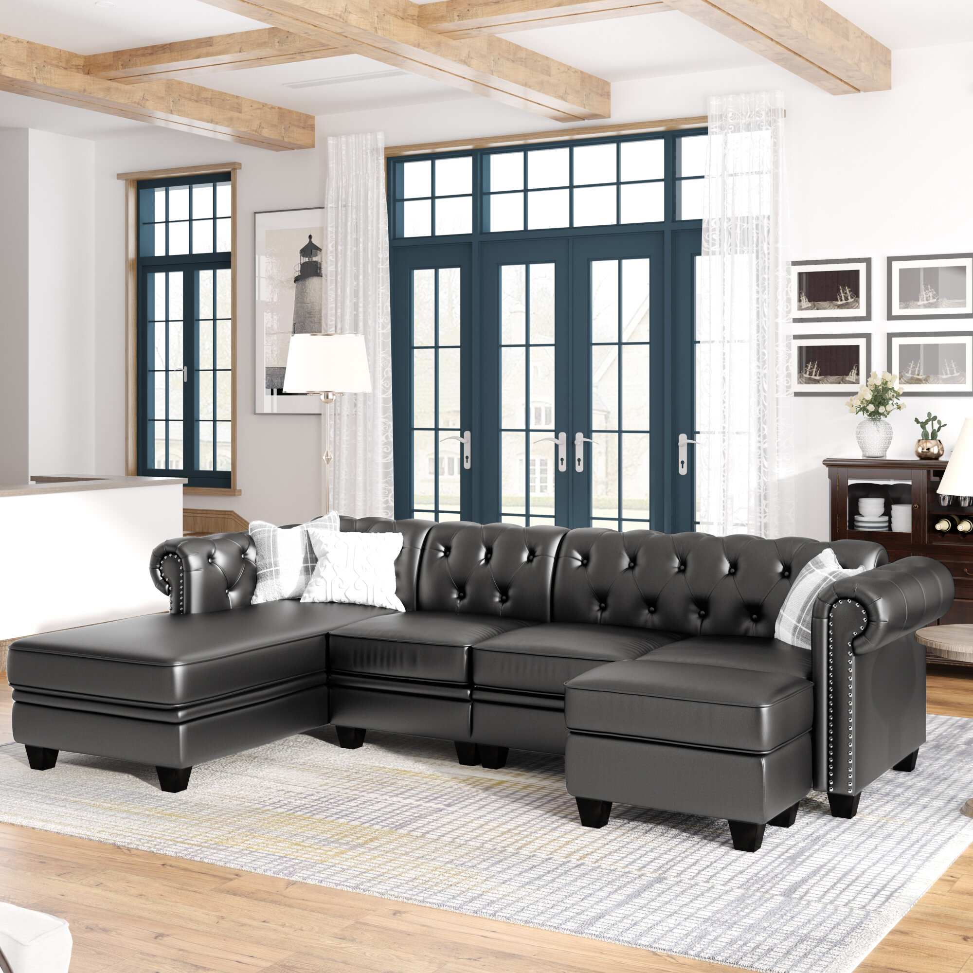 Red Barrel Studio 116 Chesterfield Sectional Sofa Set Pu Leather 4 Seat Living Room Set L Shape Couch In Home With Storage Ottoman Nailheaded Wayfair