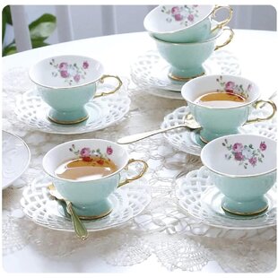 Porcelain Cups Glass Mugs w Saucers TOPKAPI Motif of 6 Turkish Tea Coffee Set 