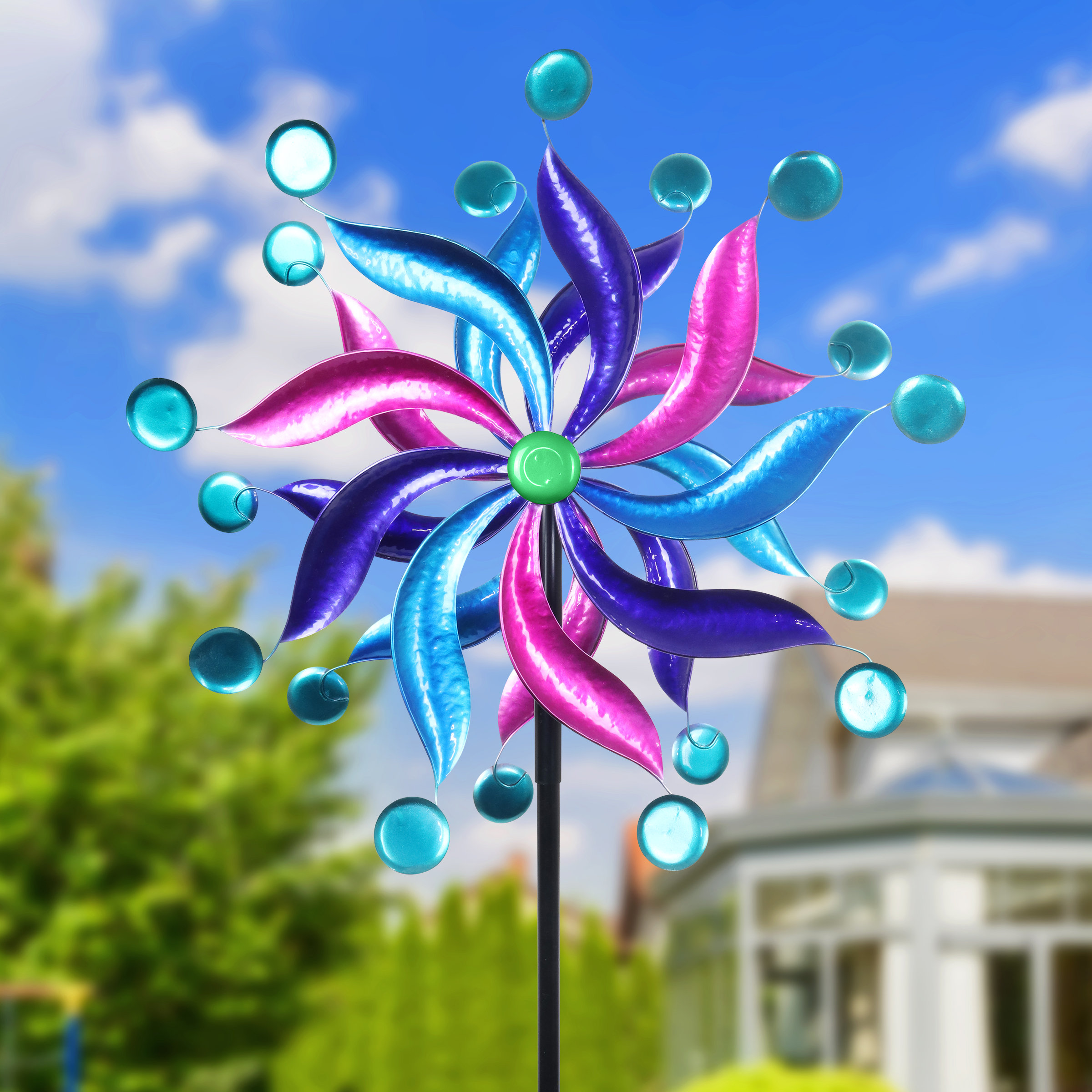 Exhart Double Pinwheel Spinner Garden Stake, 24 by 84 Inches