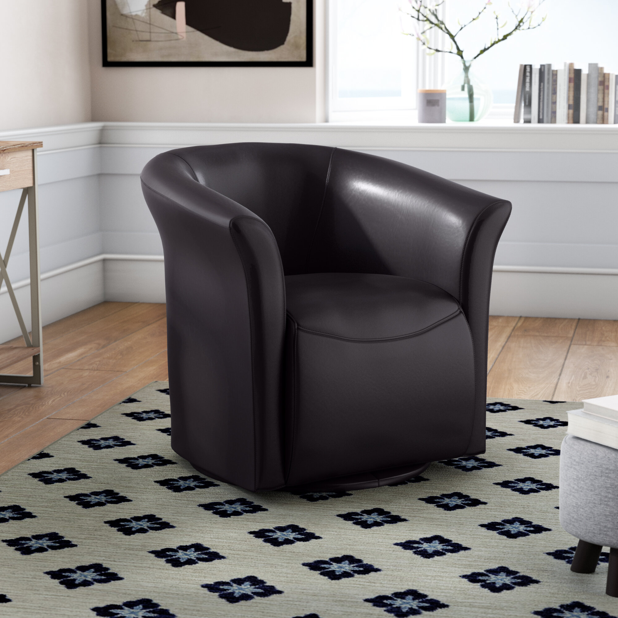 black leather swivel barrel chair