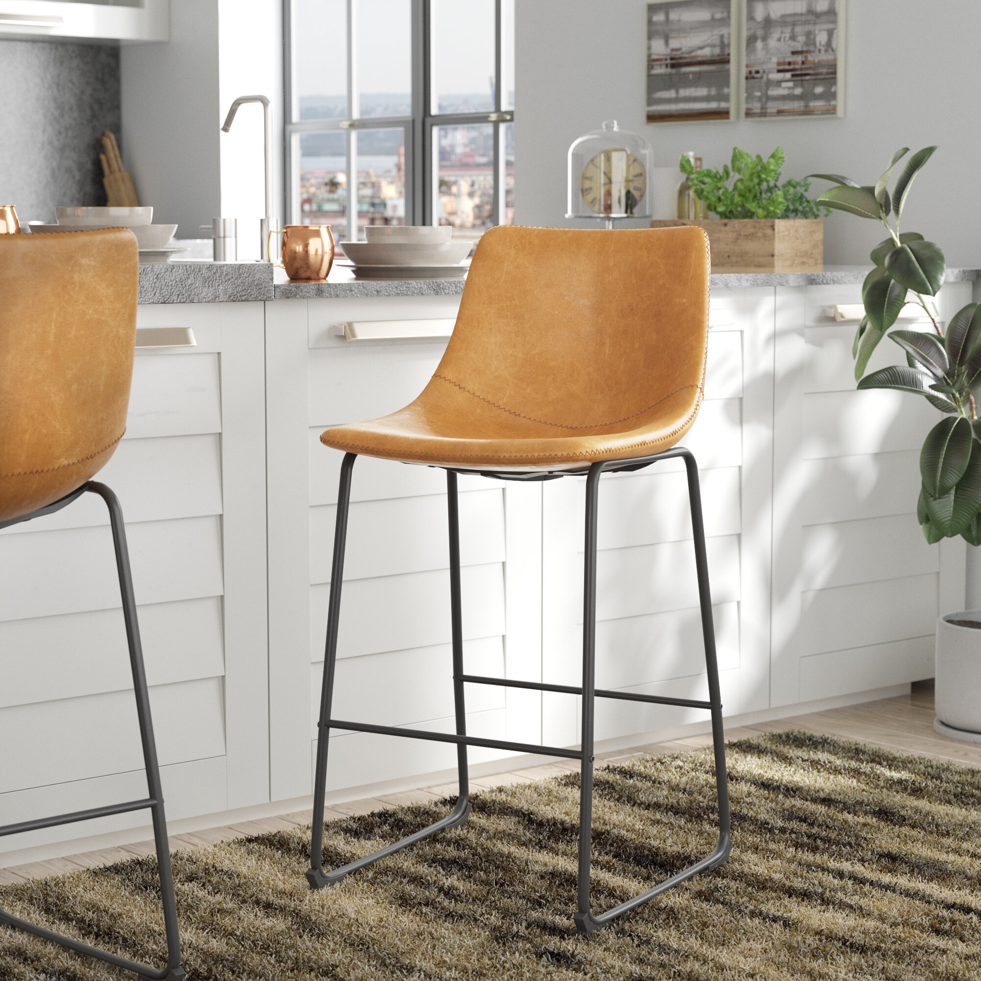 Gray ICOCO Modern Bar Stools Set of 2 with Backrest and Footrest,Breakfast Kitchen Bar Stool Chairs Adjustable Swivel Gas Lift,Pub Barstools with Leatherette Exterior