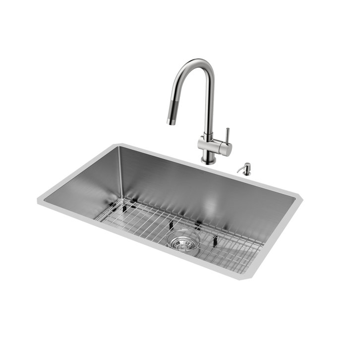 Mercer 30 Inch Undermount Single Bowl 16 Gauge Stainless Steel Kitchen Sink With Gramercy Stainless Steel Faucet Grid Strainer And Soap Dispenser