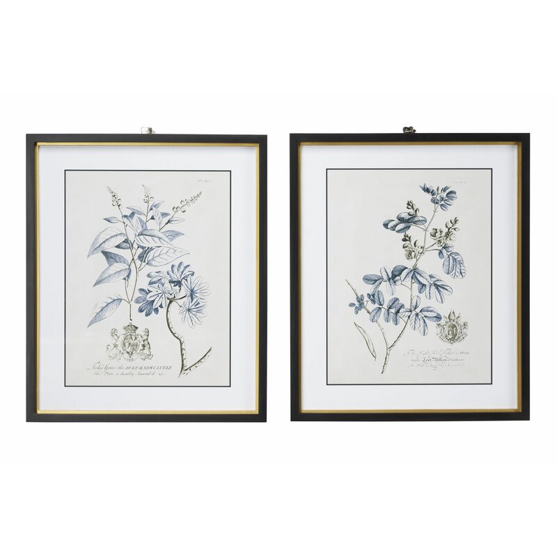 Large Rectangular Blue Vintage Flower Illustrations Framed Wall