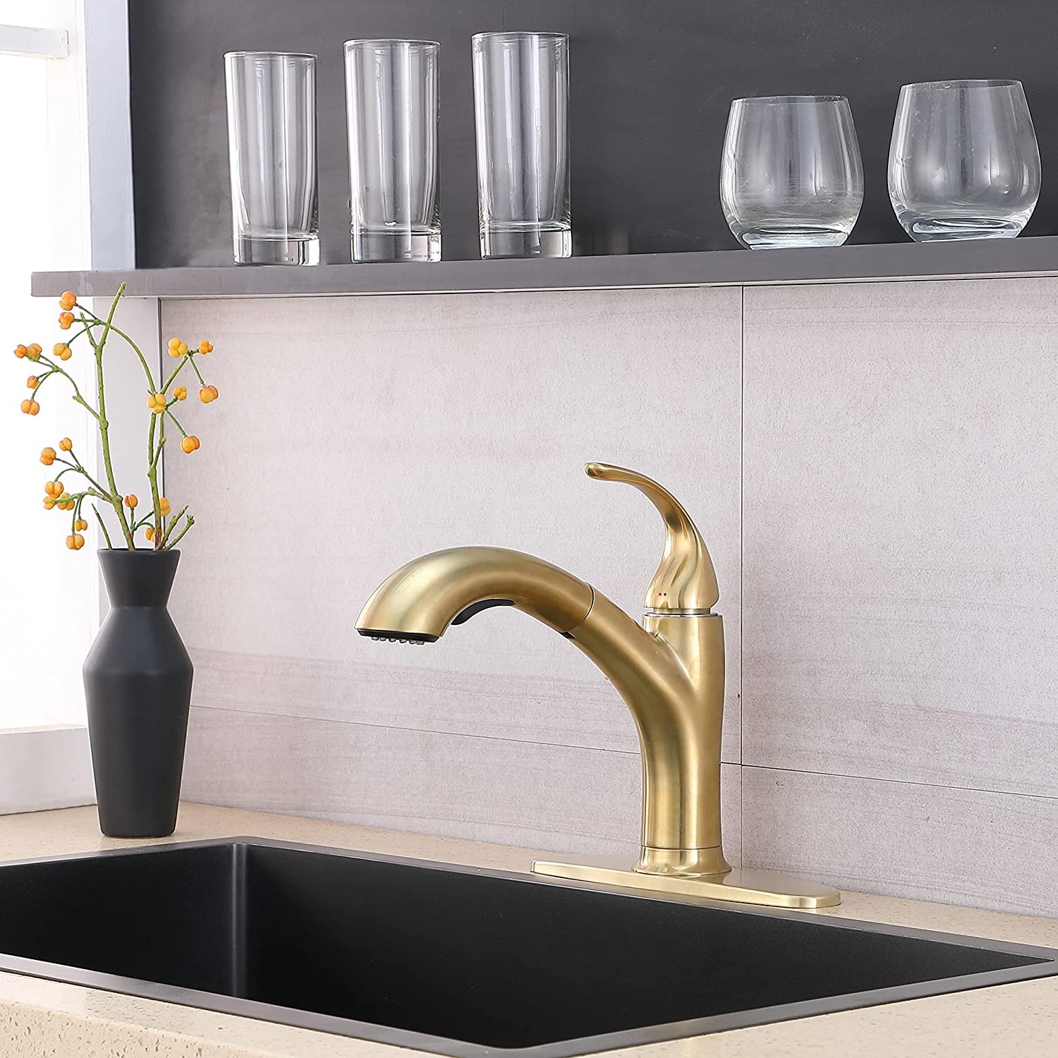 Modern Kitchen Faucet Bar Sink Pull-Out Swivel Spout Holding Arm Soap Dispenser 