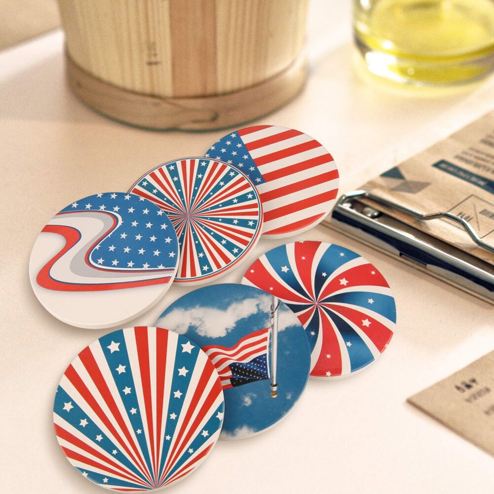 American Flag USA Flag Leather Drinks Coasters with Holder Set of 6 Suitable for Kinds of Cups 