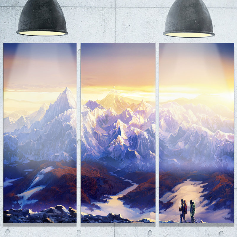 Designart Winter Mountains With Tourists 3 Piece Painting Print