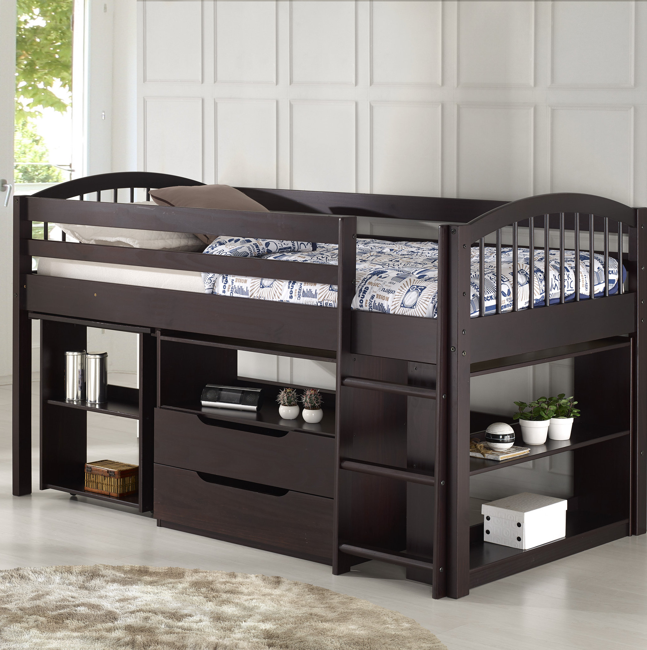 loft bed with desk and shelves