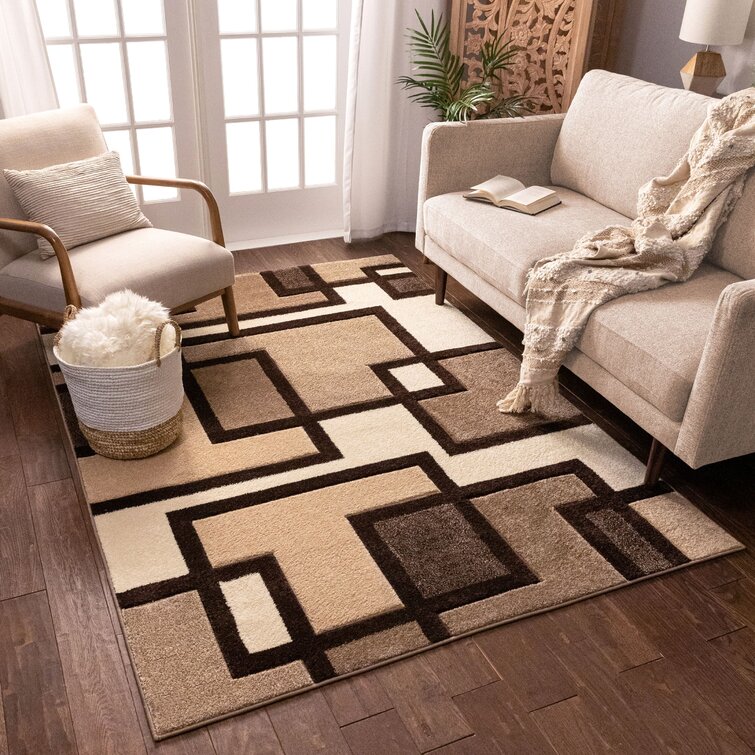 THICK MODERN RUGS PILLY CARPETS ORIGINAL CHEAP BROWN BEIGE GEOMETRIC SQUARES 