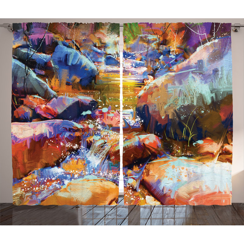 East Urban Home Waterfall With Rock Décor Graphic Print Room Darkening Rod Pocket Curtain Panels