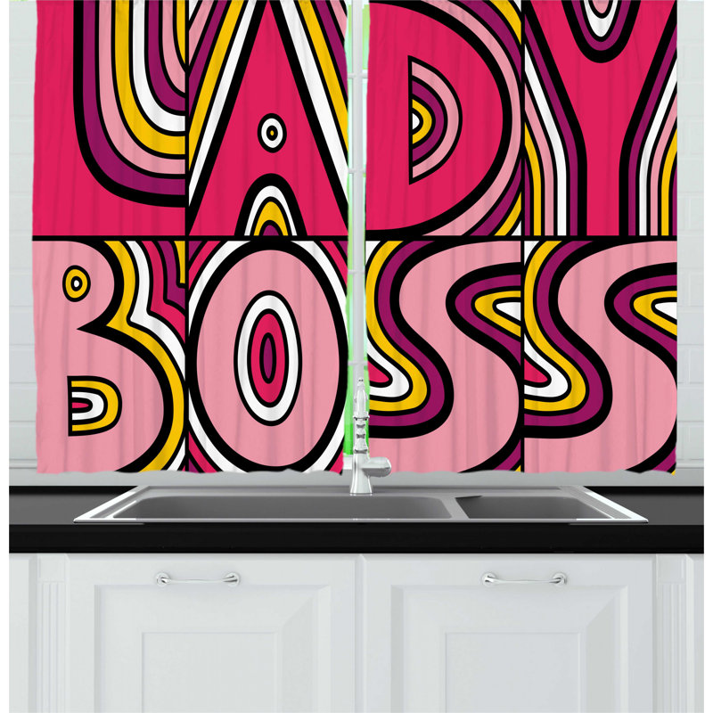 East Urban Home 2 Piece Lady Boss Feminist Art Themed Illustration with  Lettering and Rays in Creative Retro Style Kitchen Curtain Set padstyle